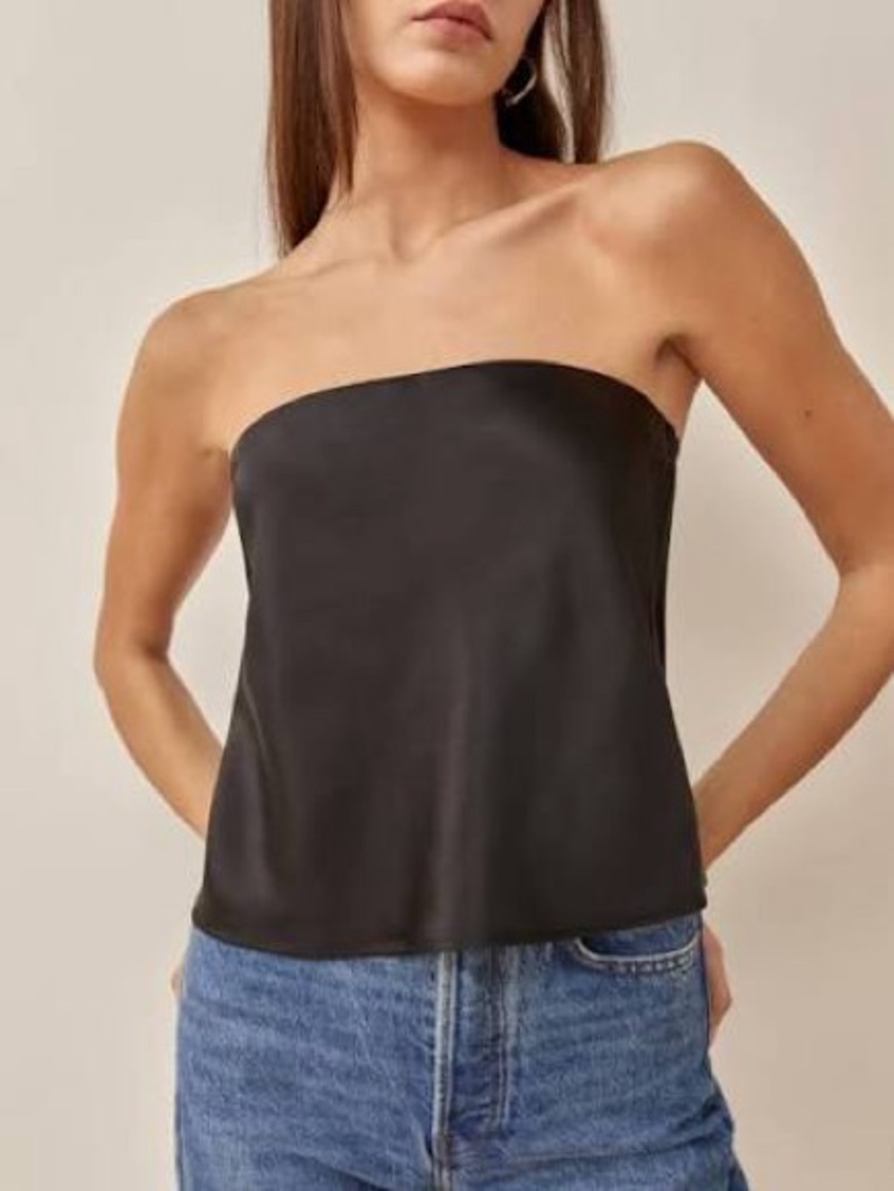 Reformation Black Strapless silk top. Spritz top
